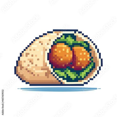 Pixelated illustration of a delicious falafel wrap, showcasing the ingredients and textures.
