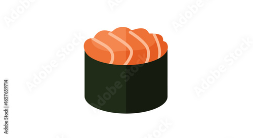 Isolated illustration of a single piece of sushi, featuring salmon and seaweed.