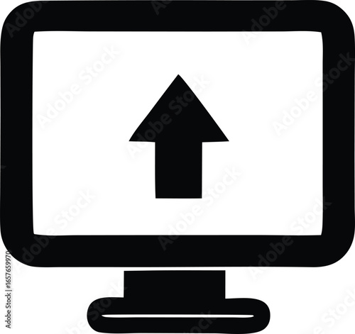 Computer monitor displaying a bold black upward arrow symbol on a white screen interface
