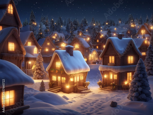 Wallpaper Mural christmas house in the snow, cozy snow village at night with snow covered rooftops Torontodigital.ca