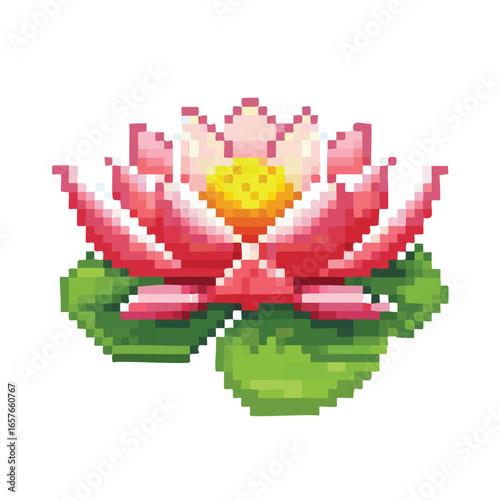 Pixelated illustration of a vibrant pink lotus flower with green lily pads, artistic design.