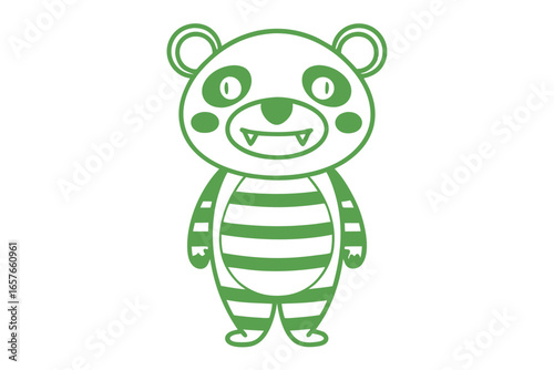 Green outline cartoon panda figure stands showing pointed teeth happily on a white background