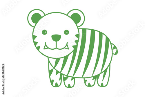 Green cartoon tiger has stripes and appears cute against a white background
