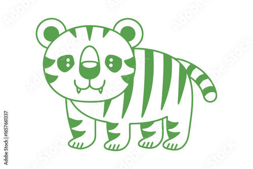 Green outline defines a cute cartoon tiger with stripes and a smiling expression