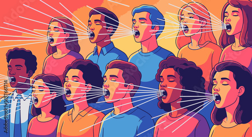 An illustration of a diverse crowd of people singing or shouting in unison, their collective voices radiating outwards.