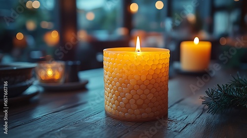 Warm yellow candle with lit flame and bokeh effect creates calming atmosphere photo