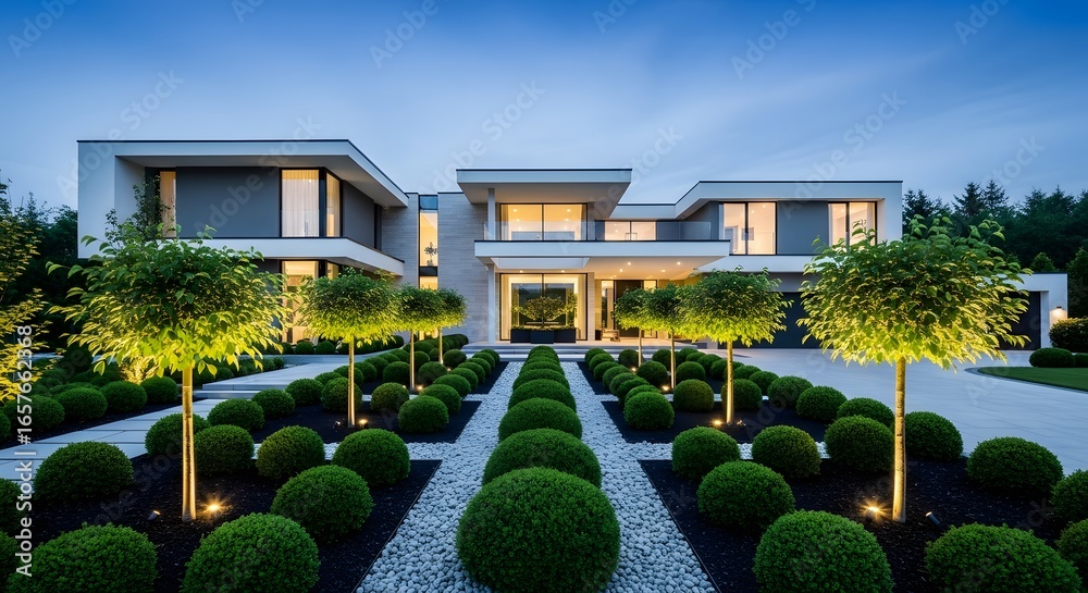 Obraz premium Modern White House with Green Garden at Dusk