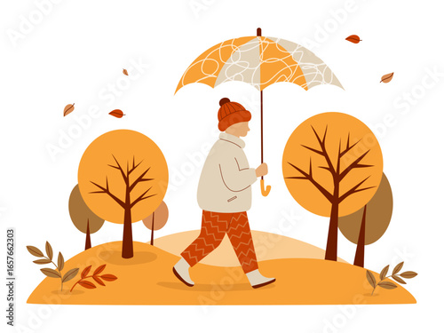Autumn Child walking with umbrella in fall park. Autumnal landscape with falling leaves, colorful trees. Vector illustration. Not AI.