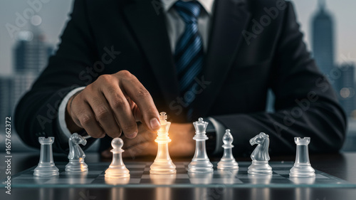 Businessman playing chess, strategizing on glass board
