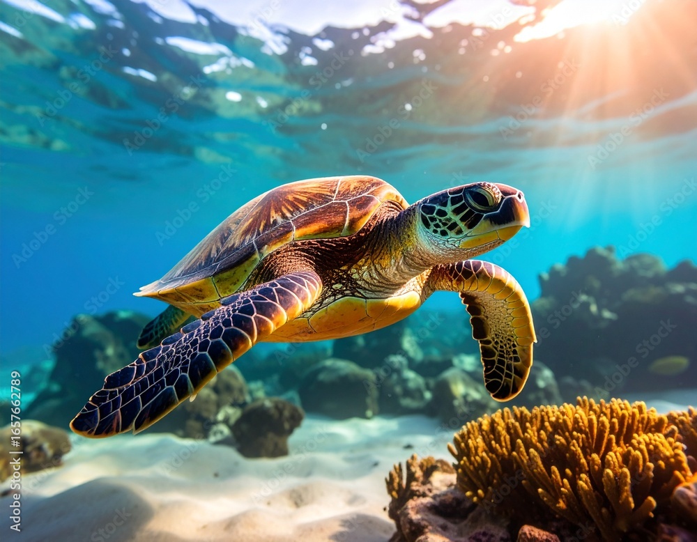 Obraz premium Majestic Sea Turtle Gracefully Swimming in Vibrant Coral Reef