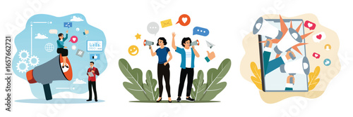 The concept of business communication, promotion products and social media, digital promotion.