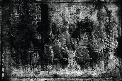 Apocalyptic urban landscape with destroyed buildings. Grunge scratch background. Black and white illustration	