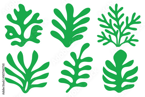 Six bright green abstract seaweed shapes are arranged on a clean white background