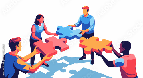 A diverse team of four people collaborating to connect large, colorful jigsaw puzzle pieces, symbolizing teamwork and problem-solving.