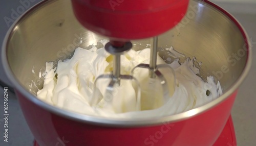 Whipped cream being mixed in a stand mixer, showcasing a light and airy texture.