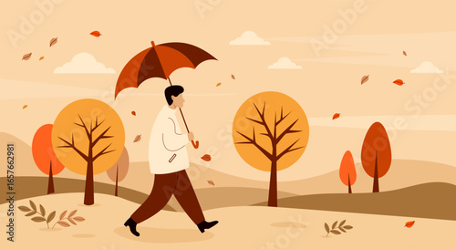 Autumn Man with umbrella walking in fall park with falling leaves. Autumnal Horizontal poster landscape with colorful trees. Vector illustration. Not AI