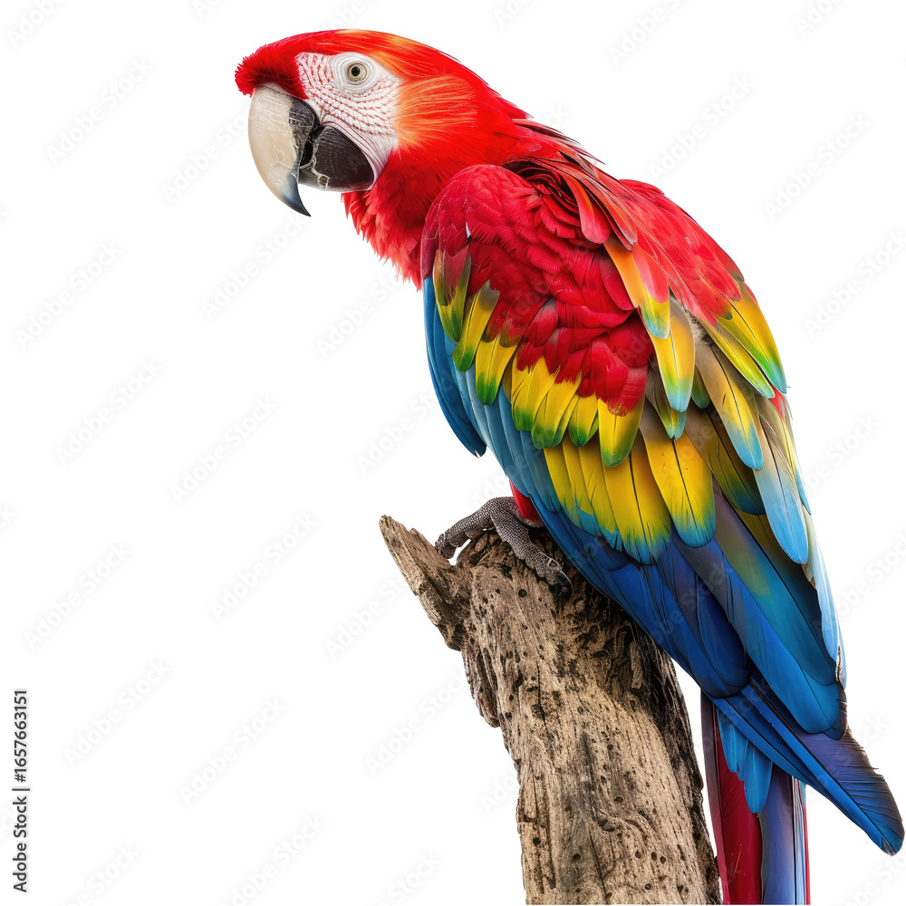 Obraz premium Vibrant macaw perched on a tree branch, isolated against a black background