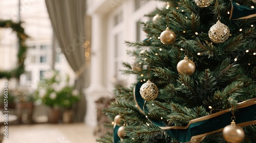 Close up of  decorated Christmas tree with golden ornaments warm fairy lights and emerald ribbon against  softly blurred background of  room interior