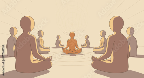 A group of stylized figures meditating in a circle around a central enlightened leader radiating energy.