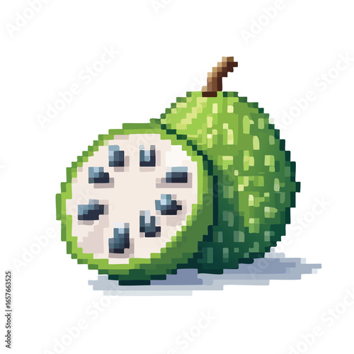 A vibrant, retro pixel art illustration features a halved soursop fruit, showcasing its white flesh and dark seeds on a clean white background.