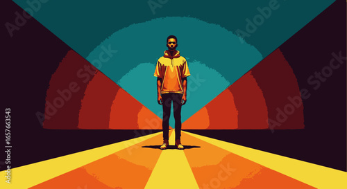 A solitary man stands on a colorful path against a stylized, geometric background of radiating arcs.