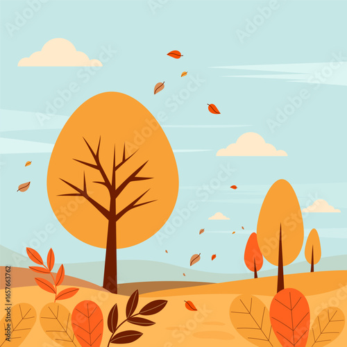 Autumn landscape with falling leaves and colorful trees poster. Vector illustration. Perfect for seasonal banners. Not AI