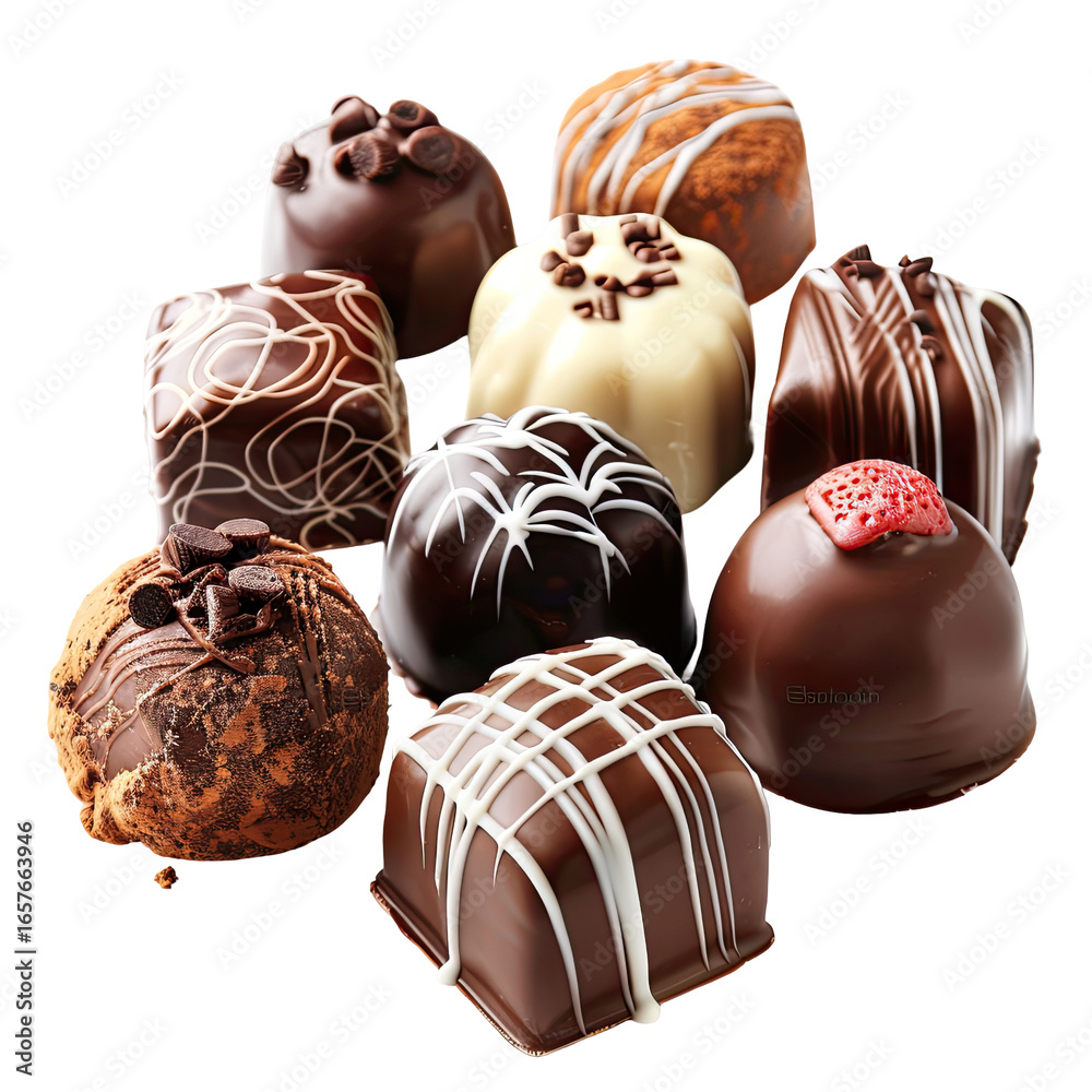 Fototapeta premium Chocolates Assortment Pile Close-Up of Delicious Treats on Dark Background