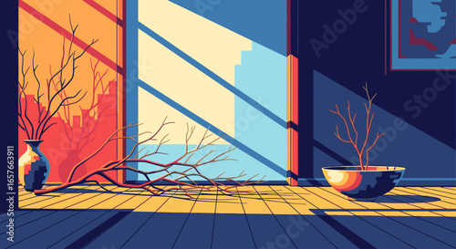 A quiet, sunlit room with long shadows cast across the floor, featuring bare branches in a vase and bowl.