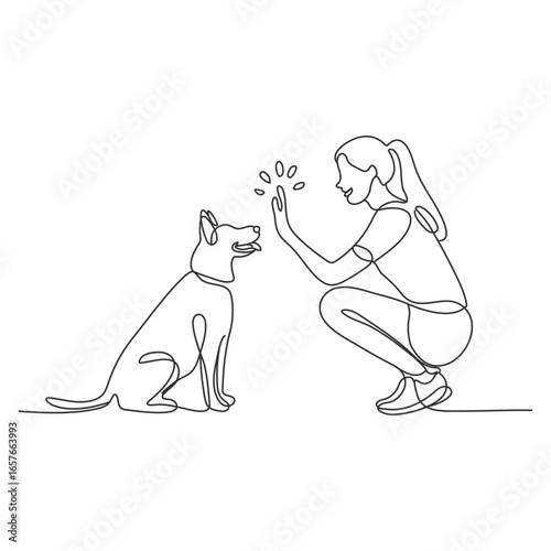 Animal adoption flat contour vector illustration. Pet owner training dog isolated cartoon outline character on white background. Man rescuing abandoned, homeless doggy, simple drawing.