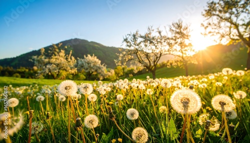 A picturesque field of dandelions bathed in the warm sunlight of a spring morning, with blossoming fruit trees and rolling hills in the background.