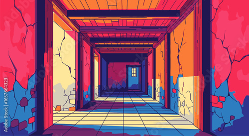 Vibrant illustration of a long, derelict hallway with cracked walls and dramatic lighting.