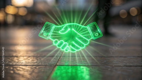 Net Zero Supply Chain Handshake graphic with glowing green effects on a blurred urban background.