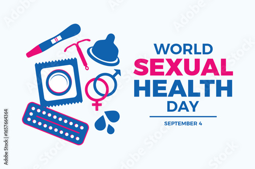 World Sexual Health Day poster vector illustration. Male and female contraception methods icon set. Condom, pills, IUD birth control, pregnancy test symbol. Template for background, banner, card