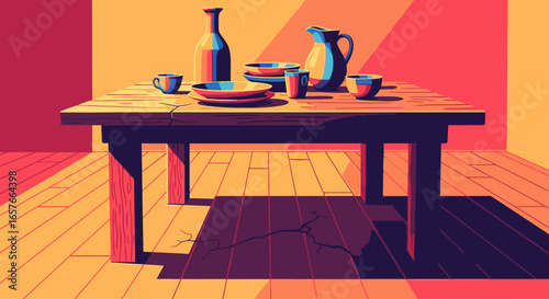 A vibrant still life illustration of a wooden dining table set with plates, cups, a bottle, and a pitcher, rendered in a bold, graphic style with strong shadows.