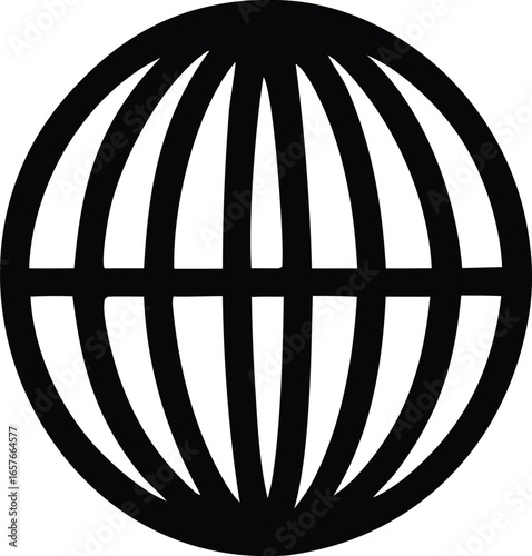 Bold black silhouette of a stylized globe with vertical and horizontal lines representing continents and meridians