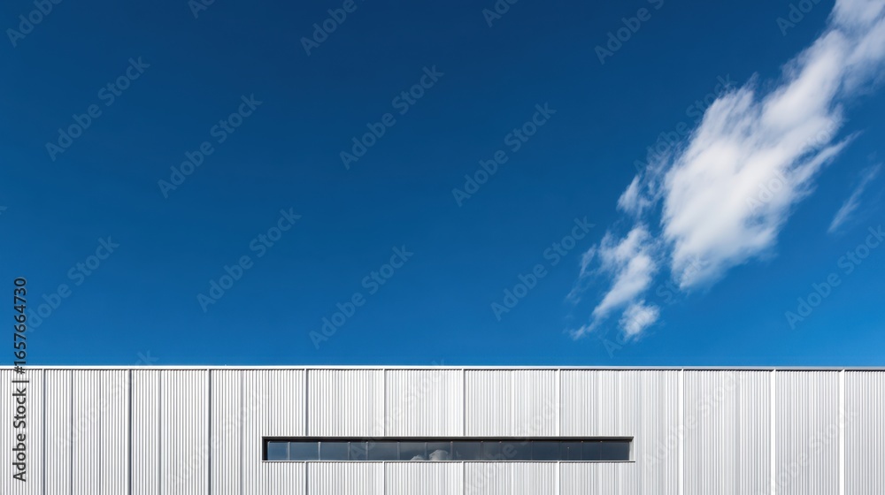 Obraz premium Close-up of a modern white building with sleek horizontal lines against a bright blue sky with scattered clouds