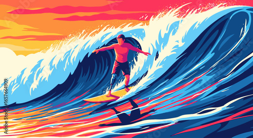 Vibrant illustration of a man surfing a powerful ocean wave at sunset.