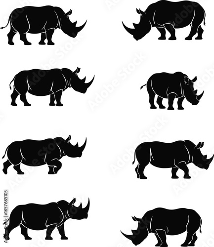 PrintRhinoceros silhouette collection, wildlife illustration, animal art, black and white rhino, horned mammal, nature design, endangered species graphic