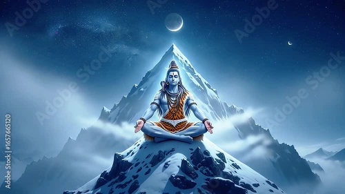 Cosmic Lord Shiva Meditating on Majestic Snowy Mountain Peak Under Starry Night Sky.