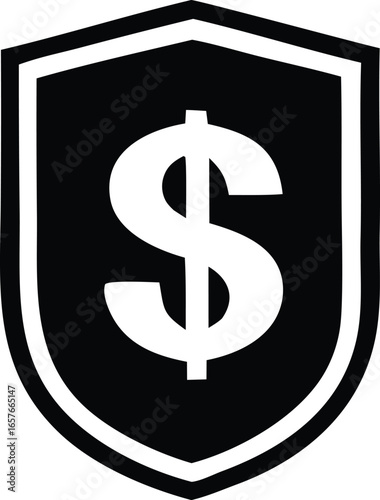 Bold black and white shield emblem featuring a prominent white dollar sign symbolizing financial security and protection
