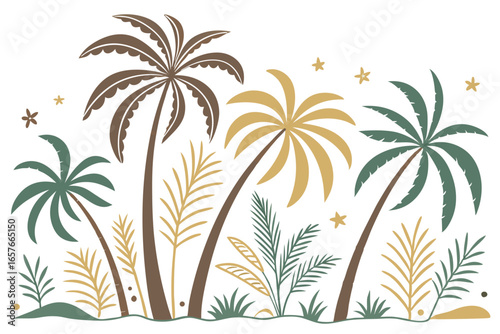 Three palm trees with brown, golden, and green leaves stand near tropical foliage