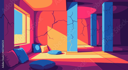Vibrant digital illustration of a tranquil, dilapidated room with columns and sunlight.