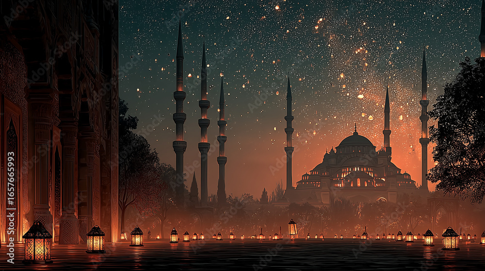Fototapeta premium Stunning Mosque Silhouette with Lanterns and Starry Sky