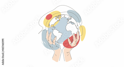 Minimalist line art of hands holding planet Earth, symbolizing global unity and environmental protection.