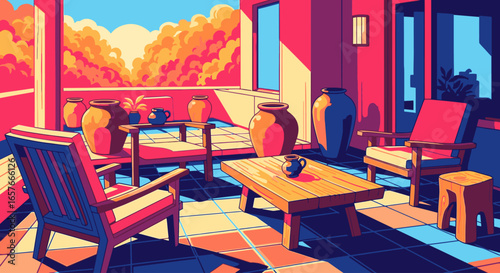 Vibrant illustration of a sun-drenched patio with wooden furniture and pottery during a colorful sunset.