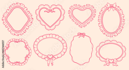 Coquette frames with cloth ruffles set. Whimsical wedding decor lace borders heart, oval, diamond shapes. Hand drawn romantic victorian vector decorative elements