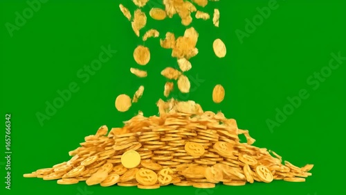 Gold coins falling onto a green screen creating a pile of money, representing wealth and financial success in a vibrant and dynamic scene.