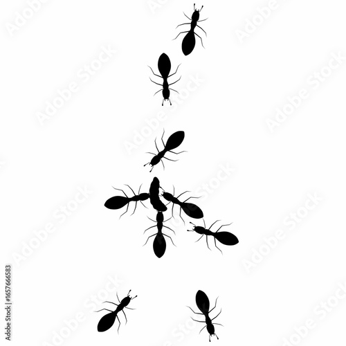 Vector illustration of a group of worker ants walking together carrying caterpillars as food on a white background. The concept of cooperation and hard work.