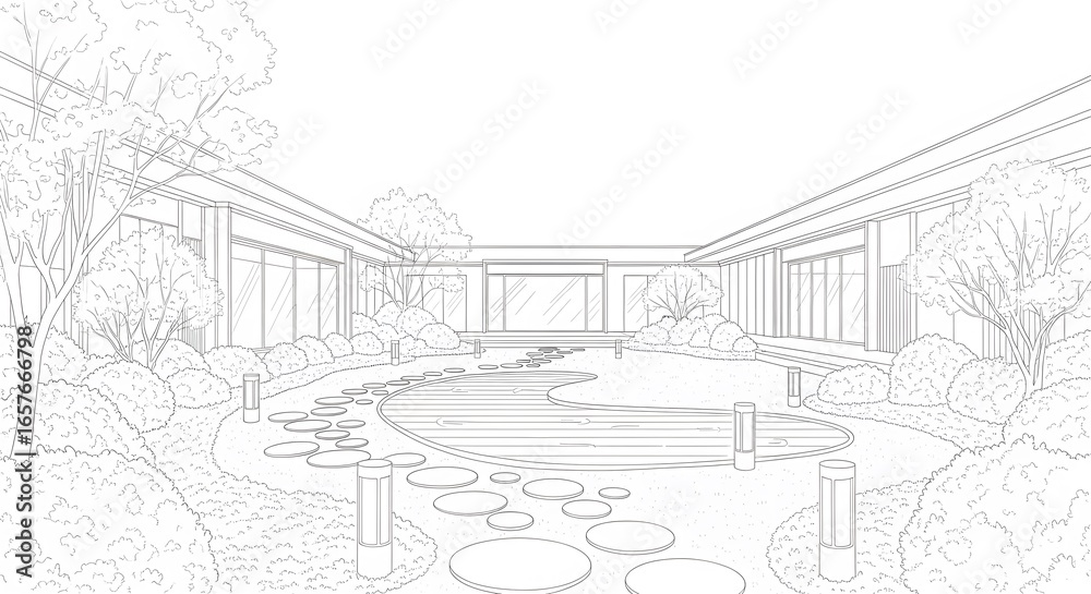 Obraz premium Architectural Drawing of Landscaped Courtyard with Trees and Stepping Stones