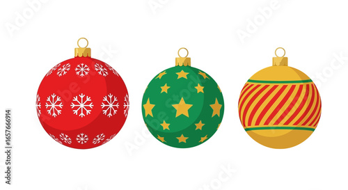 A cheerful trio of colorful Christmas ornaments featuring festive patterns, ideal for holiday decorations and adding seasonal joy to any celebration